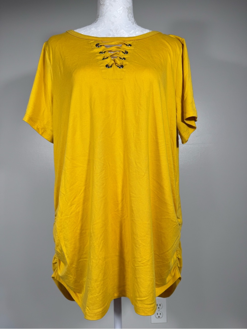 New York Laundry Lace-Up Short Sleeve Tunic in Mustard